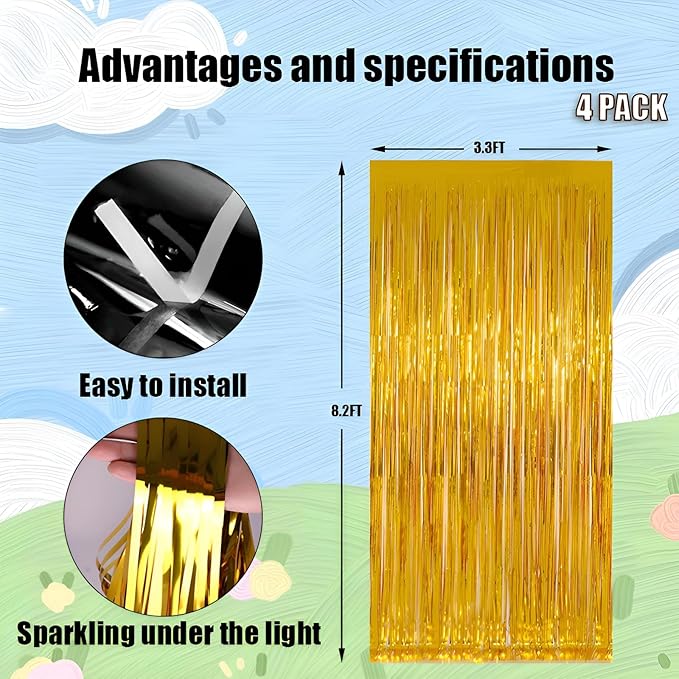 Valentines Day 4 Pack 3.3 * 8.3 ft Foil Curtain Metallic Tinsel Fringe Curtains Photo Booth Props Backdrop for Birthday Wedding Engagement Baby Shower Christmas Holiday Celebration Partyl,Gold