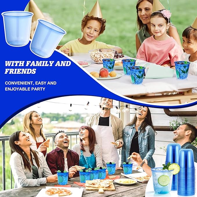 KesaPlan 50 Pcs Blue Plastic Cups, 12oz Disposable Stemless Wine Glasses for Cocktail Clear Wine Cups Cocktail Glasses Blue Party Cup for Wedding Birthday Meeting Christmas Party