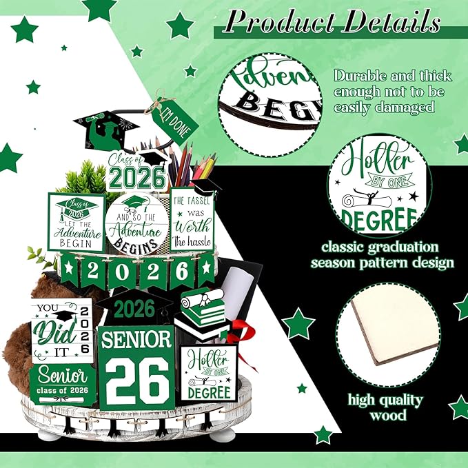 22 Pcs 2026 Graduation Tiered Tray Decor Sets Wooden Graduation Class of 2026 Table Decorations Senior 2026 Gown Diploma Farmhouse Signs for Home Shelf Party Office Desk(Green)