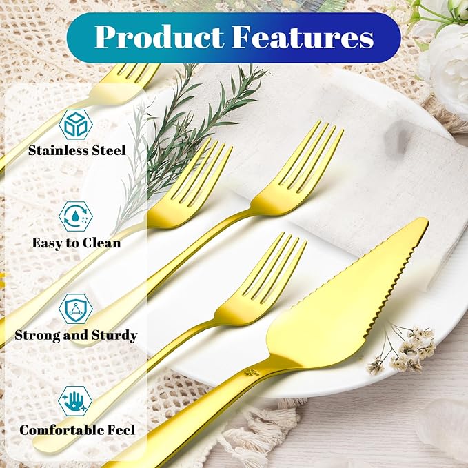 1 Pcs Cake Pie Server and 4 Forks Set for Wedding, Elegant Pizza Slicer Server Set with Stainless Steel Big Serrated Edges, Cake Cutter Pie Spatula for Birthday Anniversary, Gold
