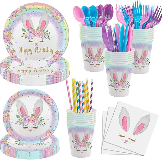 MEHOFOND 192pcs Bunny Birthday Decorations Easter Plates and Napkins set Rainbow Bunny Birthday Party Supplies Spring Easter Plates Bunny Party Dinnerware Tableware