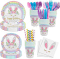 MEHOFOND 192pcs Bunny Birthday Decorations Easter Plates and Napkins set Rainbow Bunny Birthday Party Supplies Spring Easter Plates Bunny Party Dinnerware Tableware