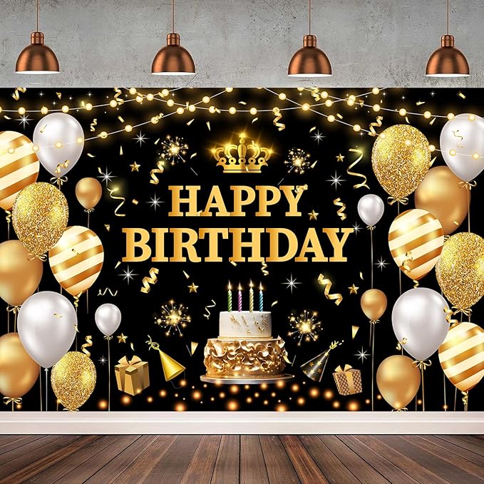 YinQin 180x120 cm Glitter Black Golden Happy Birthday Party Photo Backdrops Cloth 71x47 inch Bday Photography Backgrounds Shiny Black Gold Happy Birthday Sign Banner Decorations for Women Men