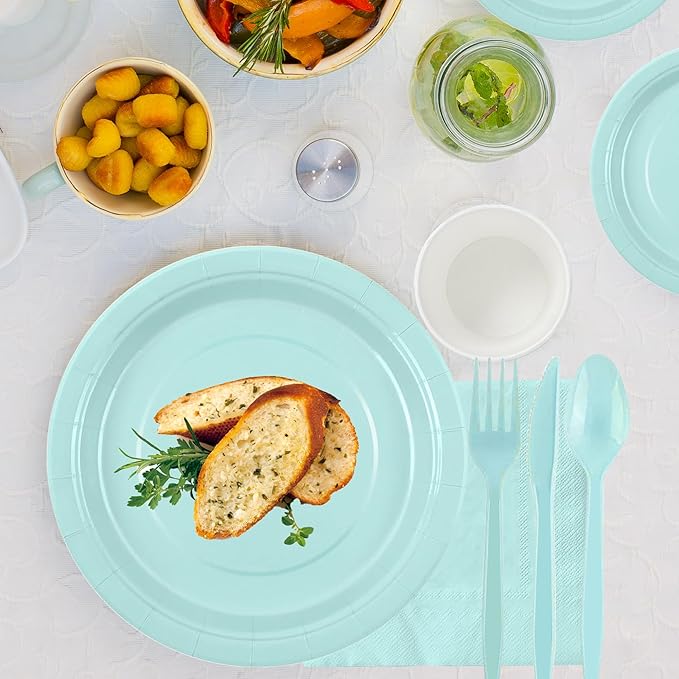 200 Pcs Pastel Rainbow Disposable Dinnerware Set, Macaron Color Paper Plates Cups Napkins Plastic Forks Knives Spoons, Pastel Party Tableware Serves 25 Guests