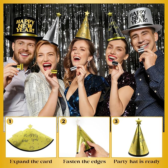 POILKMNI 92 Pcs New Years Eve Party Supplies - New Years Headbands, NYE Hats and Noisemakers for 46 People, Plastic Party Favors, Cone Hats, Horns, Glasses