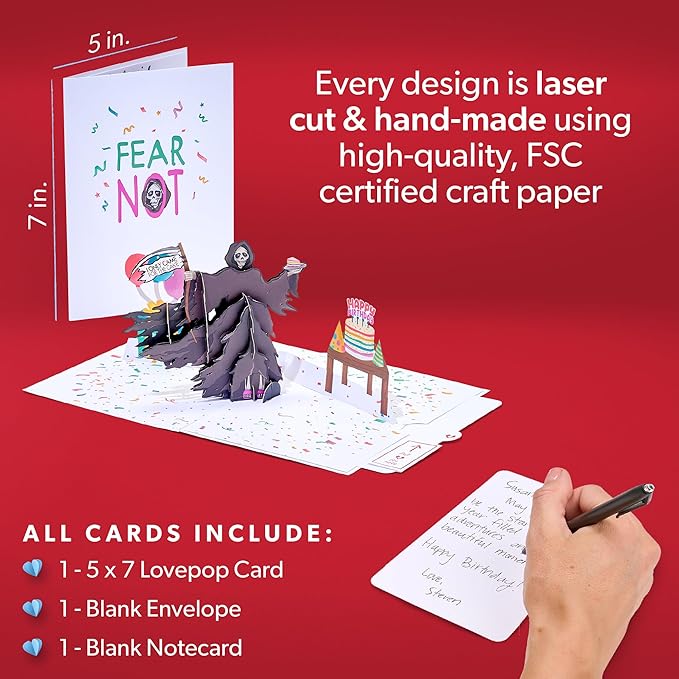 Lovepop Happy Birthday Pop-Up Card for Her and Him- 3D Humor Birthday Greeting Cards for Boys, Girls, Men, Women - Fear Not - 5" x 7" Grim Reaper Card - Blank Note Card & Envelope Included
