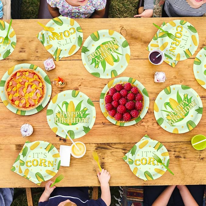 96 Pcs Cute Corn Birthday Party Decorations Vegetable Party Decorations Plates and Napkins Yellow Glitter Tableware Favors for Baby Shower Boys Girls Happy Birthday Party Supplies, Serves 24