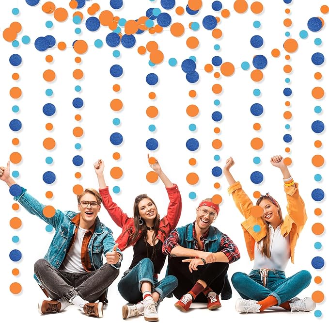 Outus 5 Pieces Round Dots Garland Valentine Easter Party Hanging Decor Each Length 13.1ft Glitter Paper Dot Streamers for Birthday Wedding Classroom (Orange, Blue)