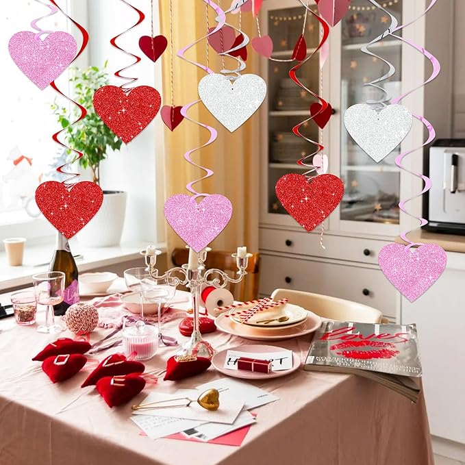 BEISHIDA Happy Valentine's Day Pre-Strung Hanging Swirls Valentine's Decorations Red Pink Silver Glitter Heart Hanging Decorations for Mother's Day Wedding Anniversary Proposal Party Supplies 15Pcs