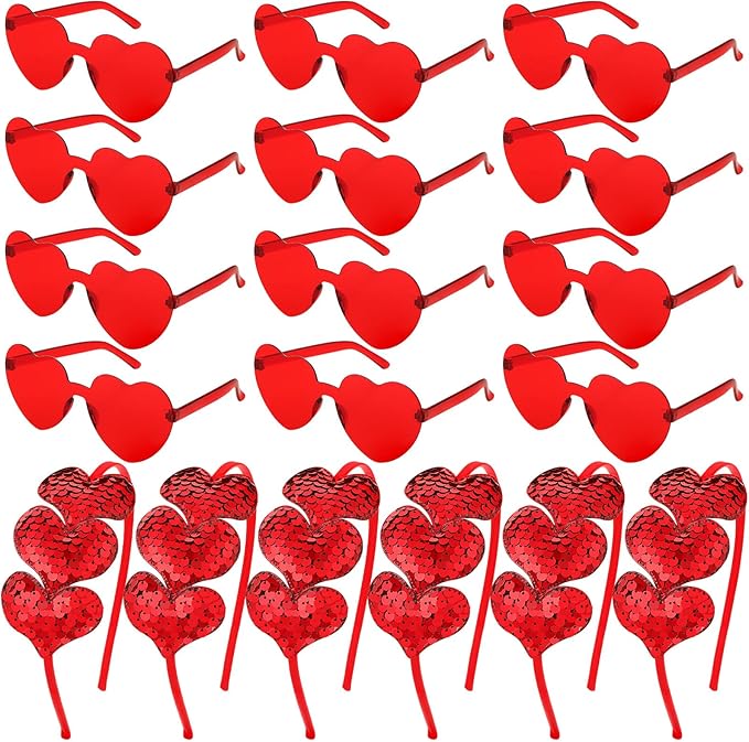 Flutesan 24 Pcs Valentines Day Heart Headbands and Sunglasses Set Red Love Photo Booth Props Women Valentine Party Decor