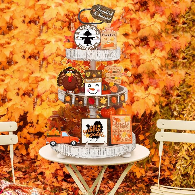 15 Pcs Thanksgiving Tiered Tray Decorations Set Thanksgiving Fall Pumpkin Turkey Home Decorations Rustic Farmhouse Truck Wooden Sign Spice Blocks Autumn Wooden Sign for Gift Tabletop