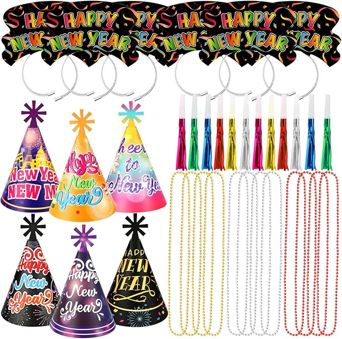 HOWAF Colorful New Years Eve Party Supplies 2026, Pack of 36 Happy New Year Decorations 2026 Kit, Happy New Year Headband New Years Eve Hats Noisemaker Bead Necklaces for NYE Party Favors