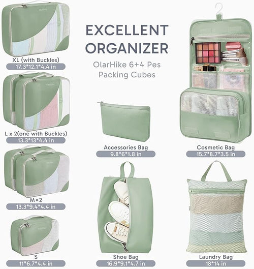 10 Set Packing Cubes for Travel, Gifts for Women Mom,Anti-Tearing Suitcase Organizer for Luggage with Shoe & Hanging Toiletry Bag,OlarHike Vacation Essentials & Accessories for Cruise Ship