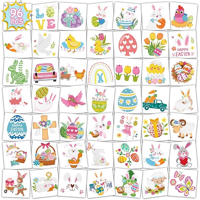 Konsait 96Pcs Easter Tattoos for Kids, Colorful Easter Tattoos Stickers Easter Temporary Tattoos, Easter Egg Fillers, Easter Basket Fillers Easter Party Favors Accessories, 48 Designs