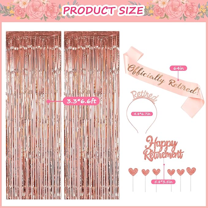 67 PCS Happy Retirement Party Decorations Rose Gold Women Banner Foil Balloons Cake Toppers Pompoms Retired Sash for Retirement Party (Rose Gold)