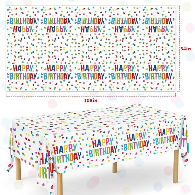 3pcs Birthday Tablecloth, Happy Birthday Decorations Set, Colorful Rainbow Dots Design with Happy Birthday Tablecloth. Waterproof Plastic Table Covers for Boys/Girls Party 54X108inch