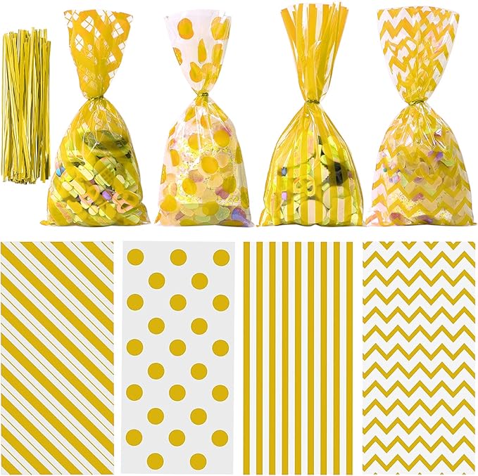 Aneco 100 Pack Gold Cellophane Bags 10.6 x 5.1 Inch Plastic Candy Bags Gift Bag Goodie Bag with Twist Ties for Valentine, Birthday, Gift Cookie Snack Packing Party Favor Supplies