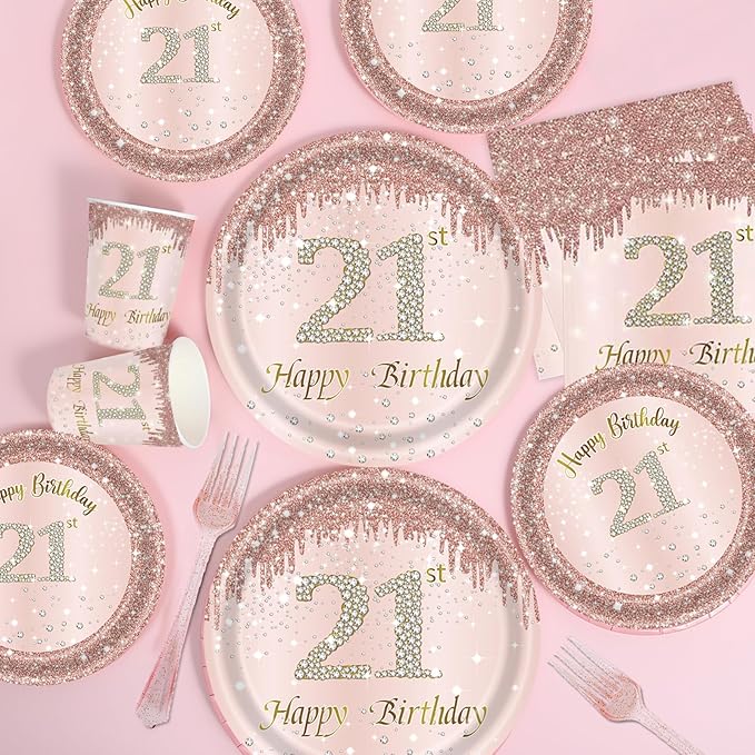121Pcs 21st Birthday Party Supplies Plates Napkins Cups Forks Tablecloth Rose Gold Happy 21st Birthday Themed Disposable Tableware Decorations Serves 24 Guests for Women Her 21 Years