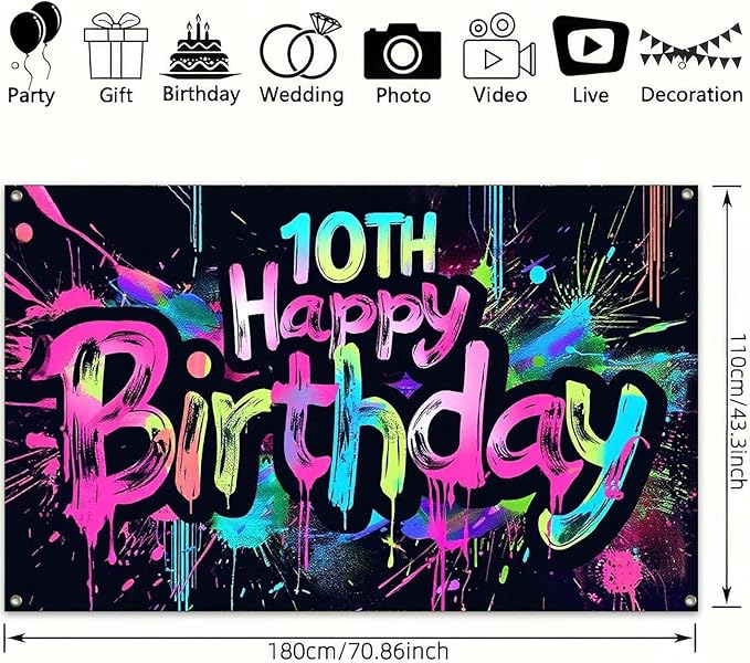 Neon 10th Happy Birthday Banner 71x43 Inch Paint Splatter Glow in The Dark Party Backdrop Colorful Wall Decor for Kids Boys Girls Tenth Birthday Celebrations Photo Booth Event Supplies