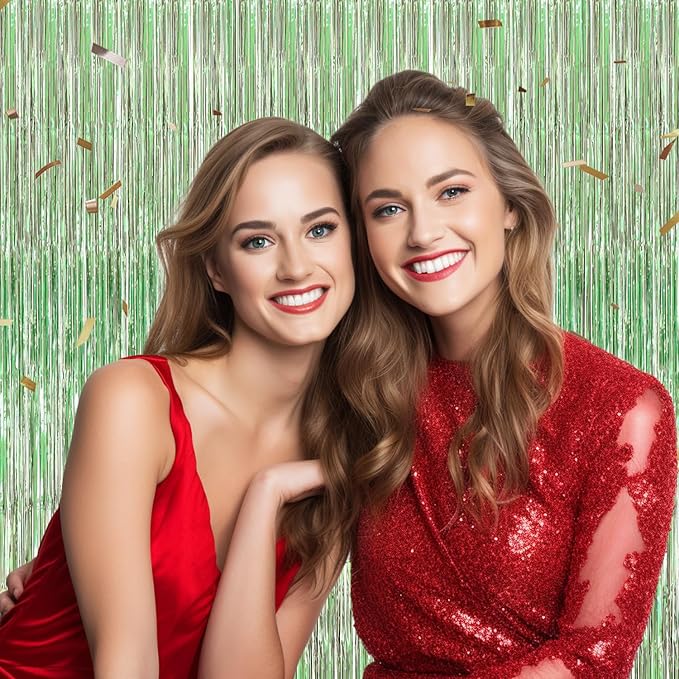 2 Pack Foil Fringe Backdrop - Light Green Shiny Tinsel Curtains for Party Decoration/Photo Booth Props - 3.3x6.6 FT Metallic Foil Backdrop for Birthday, Wedding, Graduation, Christmas.