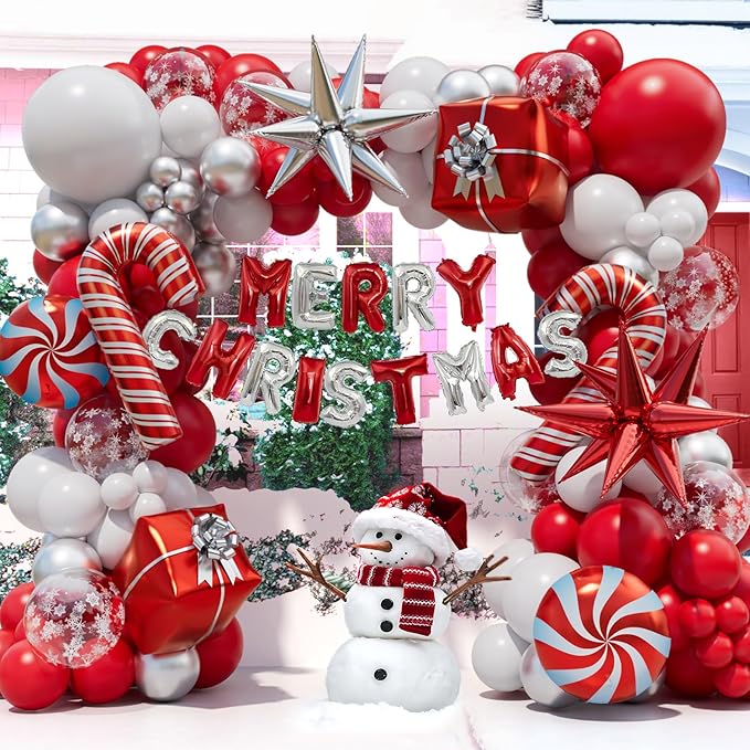 Christmas Balloon Garland Arch kit with Merry Christmas Banner and Xmas Red White Silver Cane Candy Balloon Gift Box Balloons Explosion Star Foil Balloons for Xmas Party Decorations