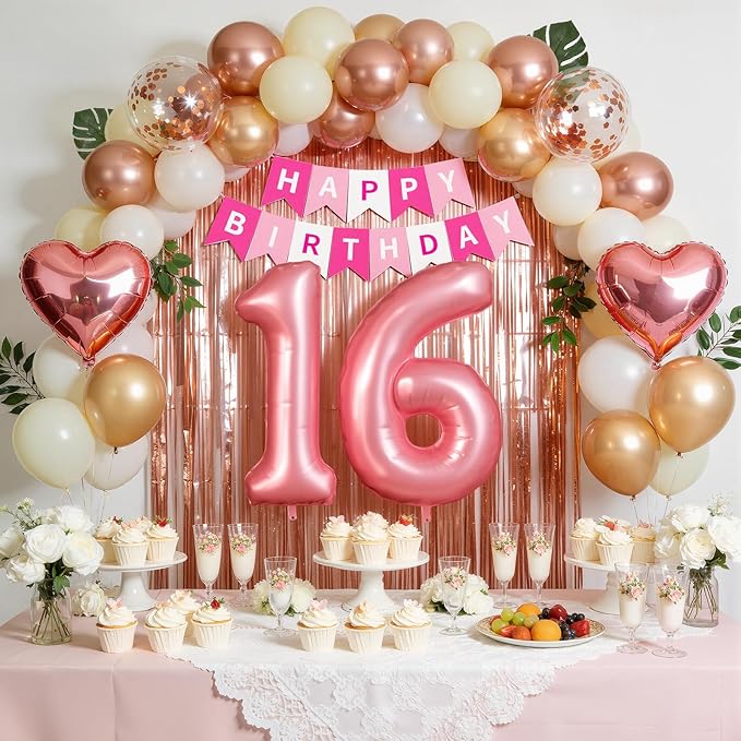 16th Birthday Decorations for Girls, Rose Gold and Hot Pink Sweet 16 Party Supplies with Happy Birthday Banner, Number 16 Balloon and Foil Fringe Curtains