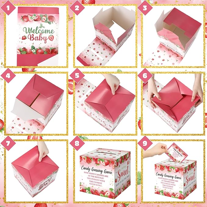 Glenmal 52 Pcs Baby Shower Games Gift Sets Large Baby Bottle for Shower Game Guess How Many Candies Decorations for Gender Reveal(Strawberry)