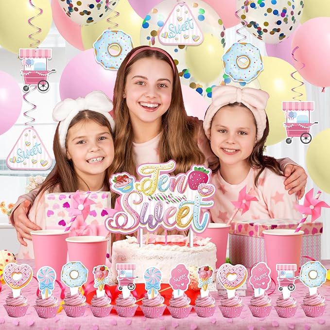 Sweet Ten Birthday Decorations- 10th Birthday Decorations For Girl With Happy 10th Birthday Banner Sweet Ten Cake Topper 10th Foil Balloon For 10th Donut Themed Party Decor Gifts For Teenage