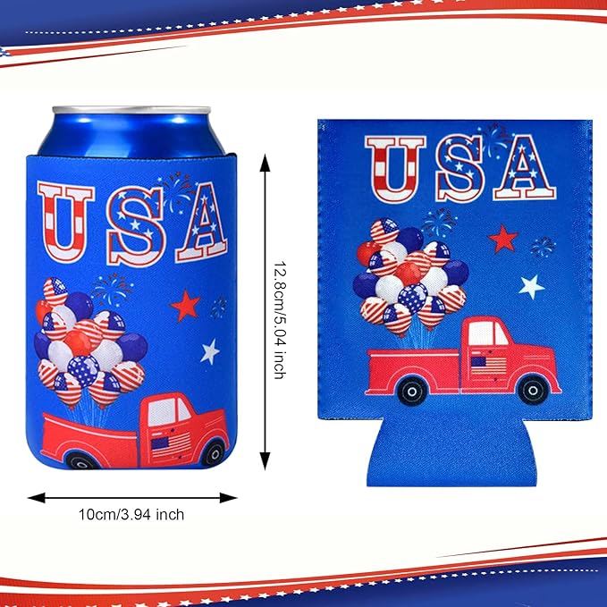 4th of July Decorations, 12 PCS Can Cooler Sleeves for Independence Day Accessories, Patriotic Party Favors, Collapsible Insulation Cover for Memorial Day Fourth of July Decorations Outdoor Indoor