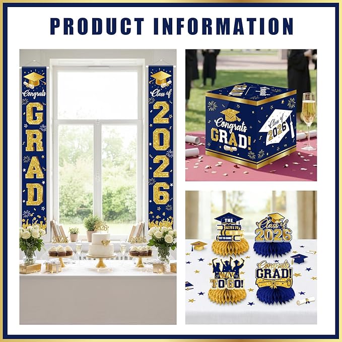 2026 Graduation Decorations - Navy Blue Congrats Grad Party Supplies include Card Box, Backdrop, Banner and Balloons for Class of 2026 Decorations Set