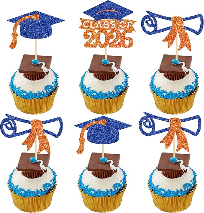 Gyufise 24Pcs Class of 2026 Graduation Cupcake Toppers Glitter Diploma 2026 Graduation Cap Cupcake Picks for 2026 Theme Party Cake Decorations Supplies Orange Blue