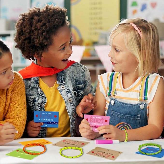 Valentines Day Gifts for Kids Classroom from Teacher to Student - 30 Pack Bulk Knot Friendship Bracelet Valentines for 3rd 4th 5th Grade, Non Candy Valentine Party Favors for School Class Exchange