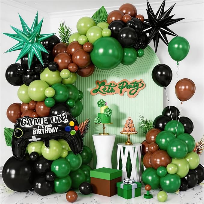Video Game Balloon Arch Garland Kit with Green Black Brown Balloons Star Foil Balloon for boys Video Game Birthday Decorations