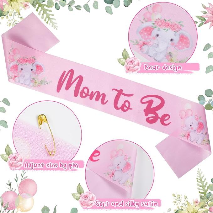 Chunful Elephant Theme Baby Shower Sash Mom to Be Sash and Dad to Be Pin Flower Crown for Gender Reveals Party Baby Shower Party Favors Decorations for Boys and Girls Pregnancy Props Gift (Pink)