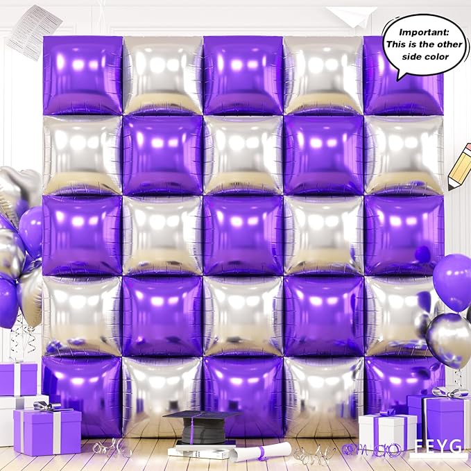 Metallic Purple Gold and Silver Double Sided Square Foil Balloons Wall,19 Inches Chrome Foil Balloons Tunnel Arch Kit for Bachelorette,Anniversary,Graduation,Birthday Party Background Decoration