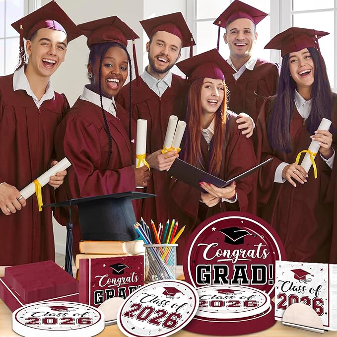 Graduation Party Plates and Napkins Maroon Class of 2026 Grad Congrats Party Supplies Disposable Dessert Paper Plates Cocktail Napkins forGraduation Party Decorations,Serve 50