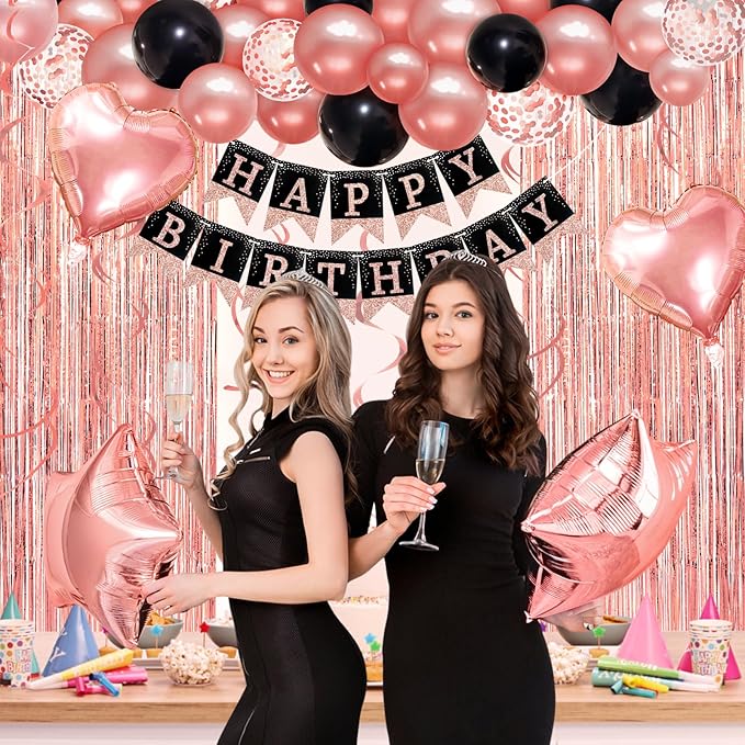 Rose Gold Black Birthday Decorations, Happy Birthday Banner, Confetti Balloons, Fringe Curtain, Heart Star Foil Balloons, Hanging Swirls for Women Girls Princess Party Decorations