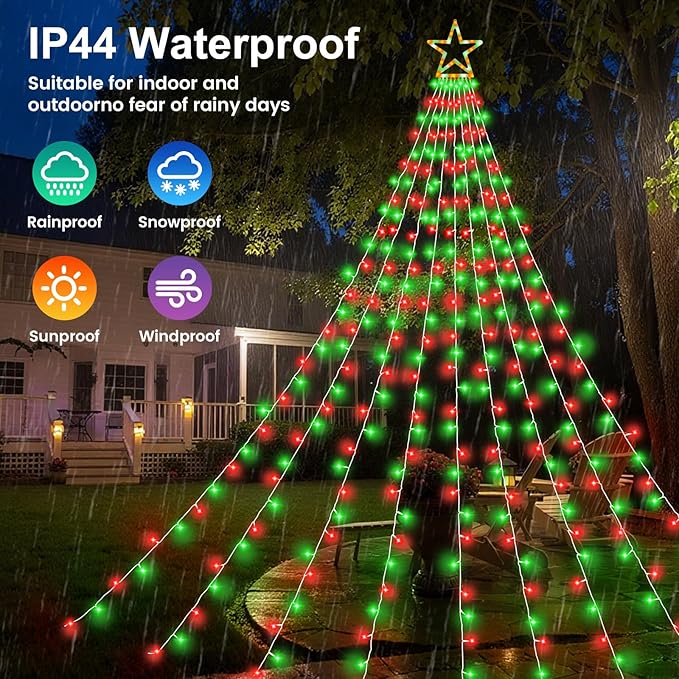 Christmas Decorations Outdoor, 11.5 ft 317 LED Star Christmas Tree Lights, 8 Memory Lighting Modes&Timer Star Light for Yard, Wedding, Party, Decorations（Red+Green）