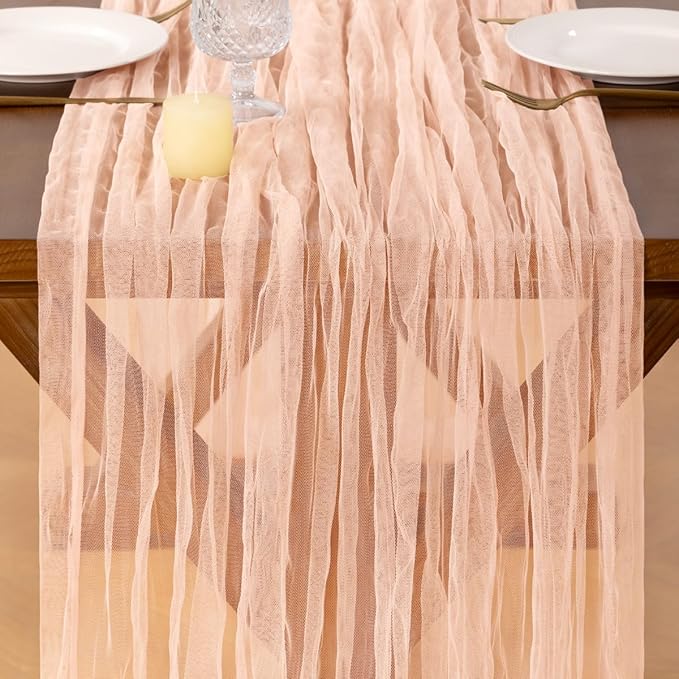 Socomi Peach Cheesecloth Table Runner Tulle Gauze Cheese clothBoho Rustic 120 inch 10FT Runner for Wedding Party Baby Shower Birthday Holiday Decorations 1pc