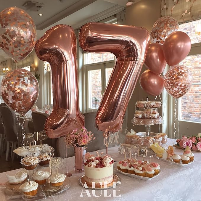 AULE 40 Inch Large 17 Number Balloons Rose Gold Big Foil Number Balloons Giant Helium Happy 17th Birthday Party Decorations for Girl Huge Mylar 71 Anniversary Supplies