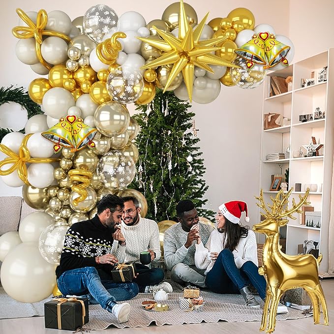 Christmas Party Decorations Xmas Balloon Arch Kit 121pcs White Gold Snowflakes Balloon with Metallic Light Gold Balloons Beige Gold Star Reindeer Deer Bell Foil Christmas Mylar Balloons for New Year
