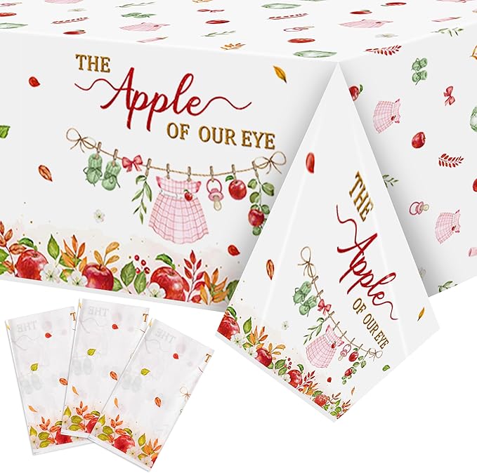 K1tpde Apple Baby Shower Tablecloth - 3PCS The Apple of Our Eye with Watercolor Flower Plastic Tablecloth, Disposable Sweet Baby Tablecover, Spring Floral Party Supplies for Birthday Decorations