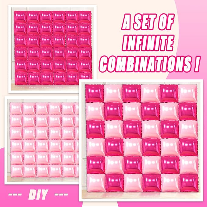 36 Pcs Hot Pink Double Sided Square Foil Balloon Wall Backdrop Metallic Pink Balloons Backdrop Tunnel Arch Kit Mylar Square Balloons for Bachelorette Engagement Wedding Birthday Party Decorations