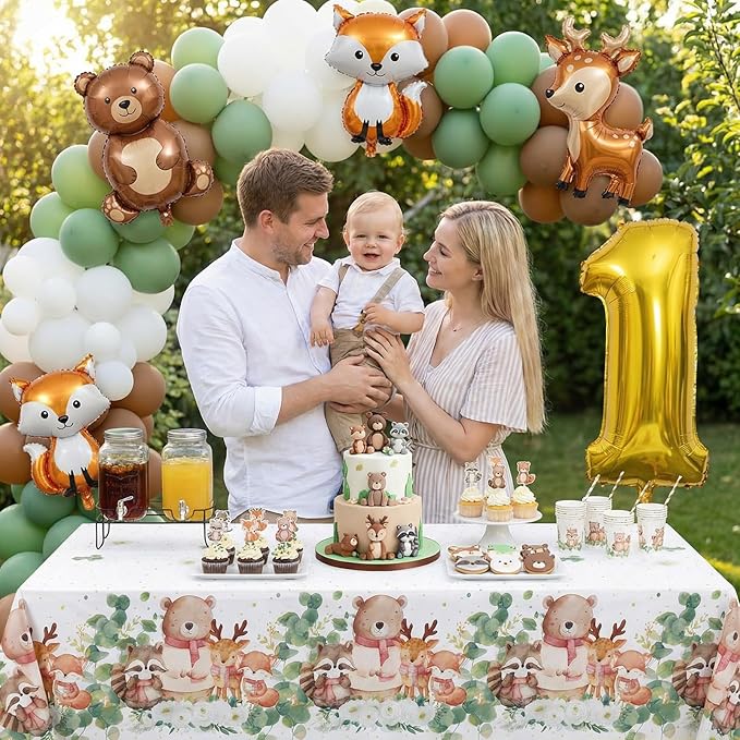 3 Pack Plastic Safari Baby Shower Tablecloth, 54 x 108 Inch Disposable Woodland Forest Animal Neutral Gender Reveal Party Eucalyptus Leaves Table Cover for Forest Birthday Friendship Party Decor