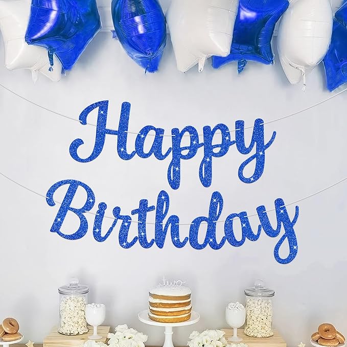 Glitter Happy Birthday Banner Sign Birthday Garland Wall Door Banners Flag for Women Men Boys Girls Party Backdrop Decorations Blue