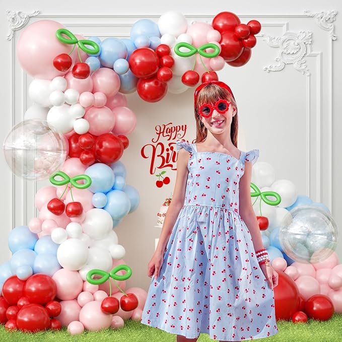 JOGAMS 193Pcs Blue and Red Cherry Balloon Arch Garland Kit,Cherry Party Decorations with Clear Cherry Foil Balloons for Cherry On Top Baby Shower Birthday Bridal Shower Wedding Valentine's Day