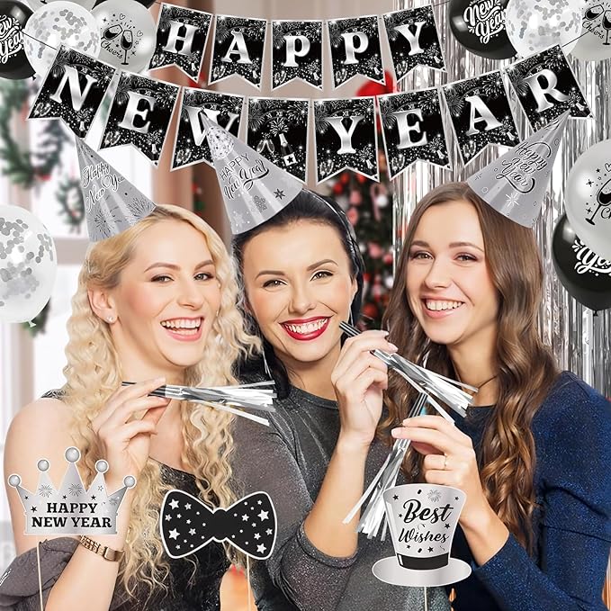 73pcs Black Silver New Years Eve Party supplies Including New Years Hats Happy New Year banner Photo Props Fringe Curtain Backdrop Noisemaker Balloons for New Year's Eve Party NYE Decorations 2026