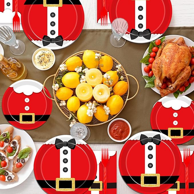 96 Pcs Santa Christmas Paper Plates Santa Claus Suit Disposable Party Plates Napkins Set Merry Christmas Holiday Dinnerware Party Decoration Supplies, Serves 24