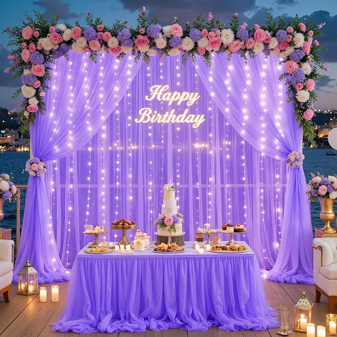 Purple Sheer Backdrop Curtains with Lights String for Baby Shower Girls 2 Panels 5×8ft Tulle Backdrop Curtain for Wedding Bridal Shower Elephant Birthday Party Photo Shoot Background Decorations