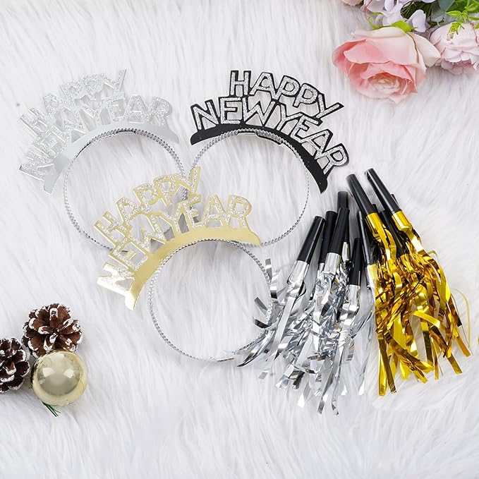 12 Sets New Year Headbands and Fringed Noise Makers for Favor Photo